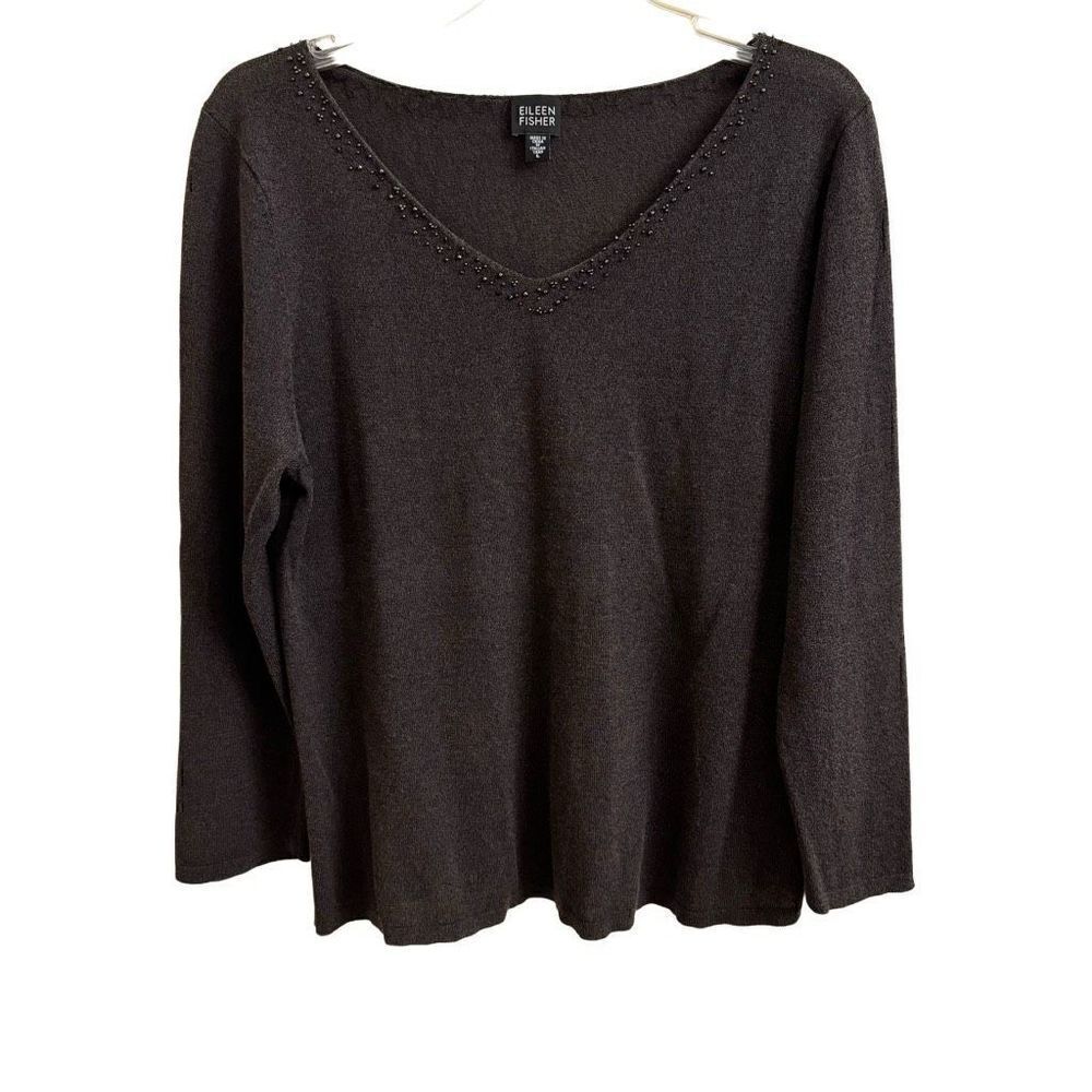 Eileen Fisher V-neck Blouse Top Beaded Neckline 3/4 Sleeves Charcoal Gray Large
